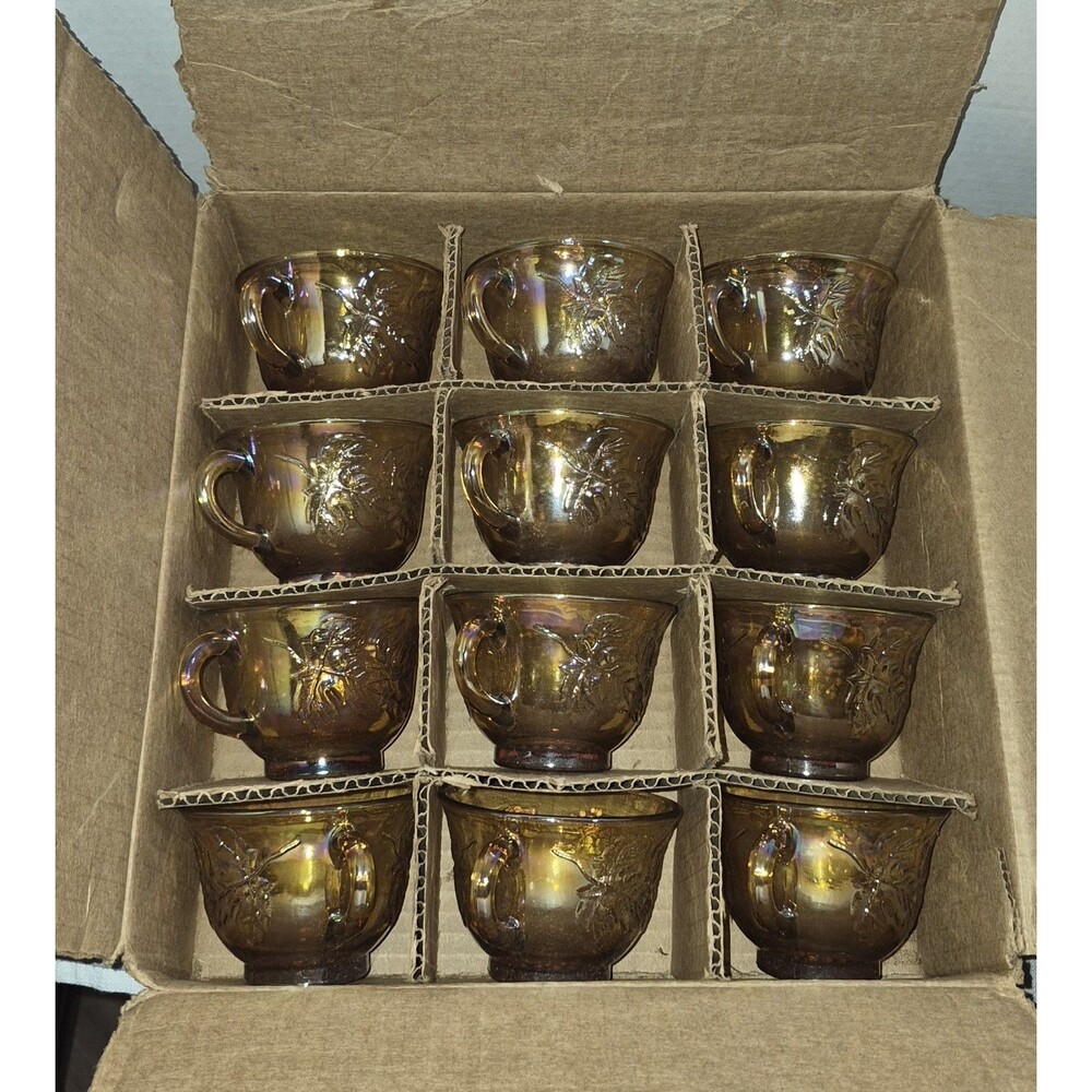 12 Indiana Carnival Glass Iridescent Gold Harvest Punch Bowl Cups NIB